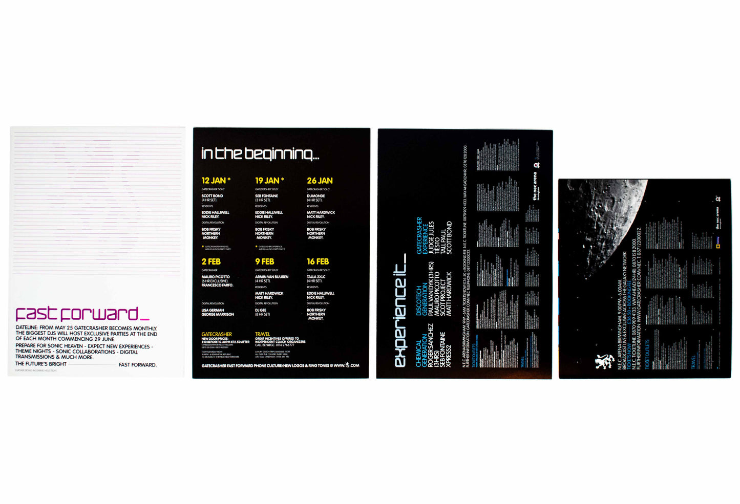 Gatecrasher - fast forward, in the beginning, n.e.c_transmission - Flyers