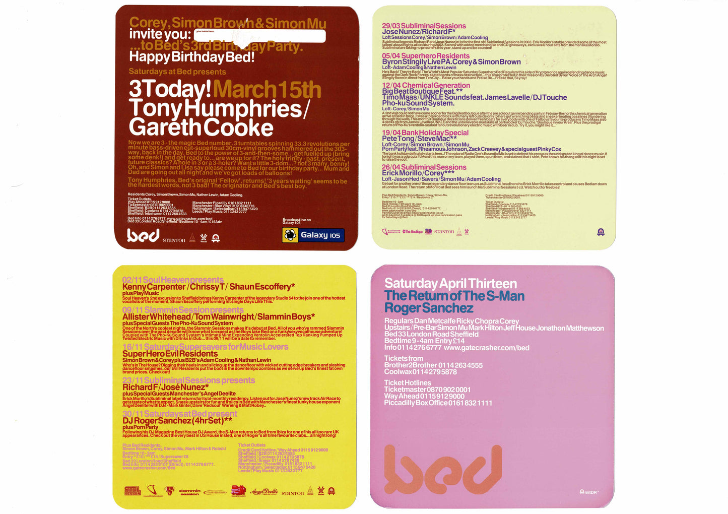 Bed - 3rd Birthday, Bedlam, Or Dead, Roger Sanchez - Flyers