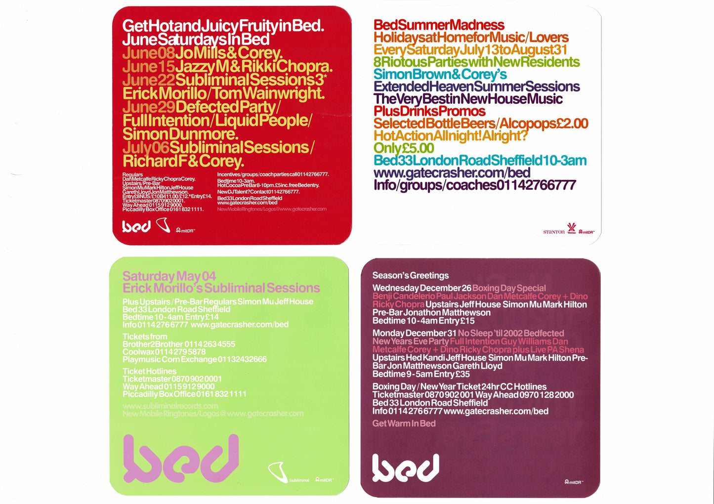 Bed - June / Juicy Fruity, Summer Night's Dream, Eric Morillo's Subliminal, No Sleep 'til 2002 - Flyers